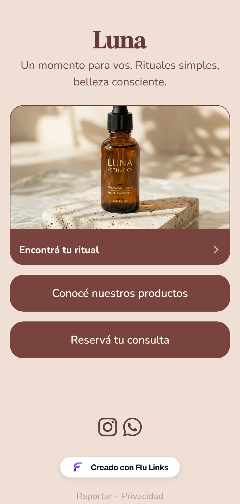 Luna. Belleza: tonos cálidos, fotografía de producto y acceso a productos y consultas.