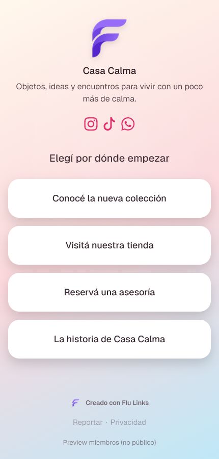 Página pública real creada con Flu Links para la marca Casa Calma